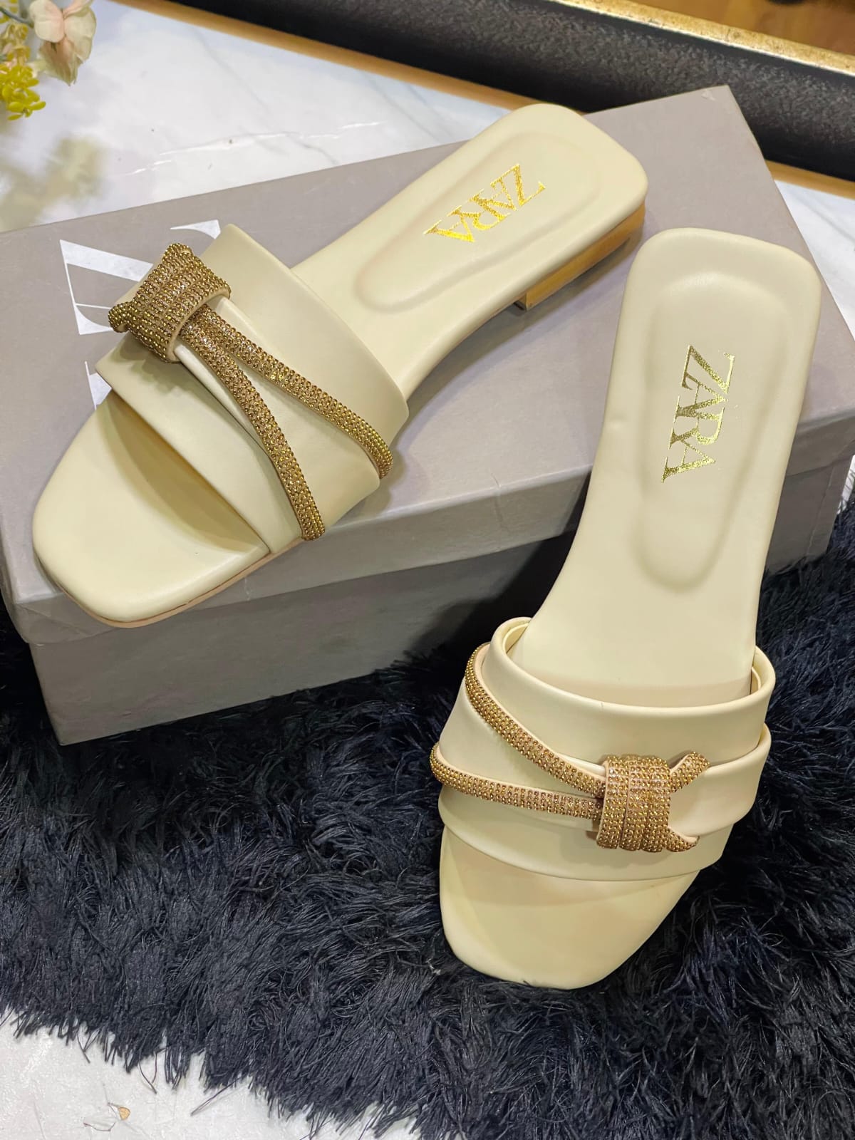 Mesh Flat Sandals - Elegant Gold Chain Detail Slides for Women