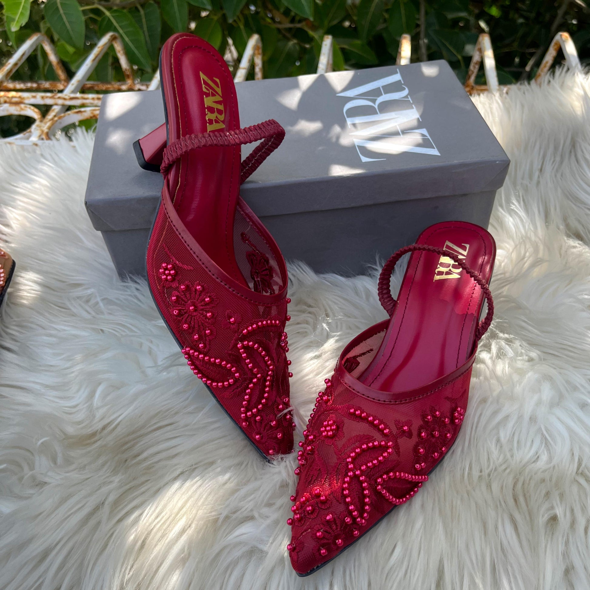 ZARA MESH FLORAL EMBROIDERED SLINGBACK HEEL