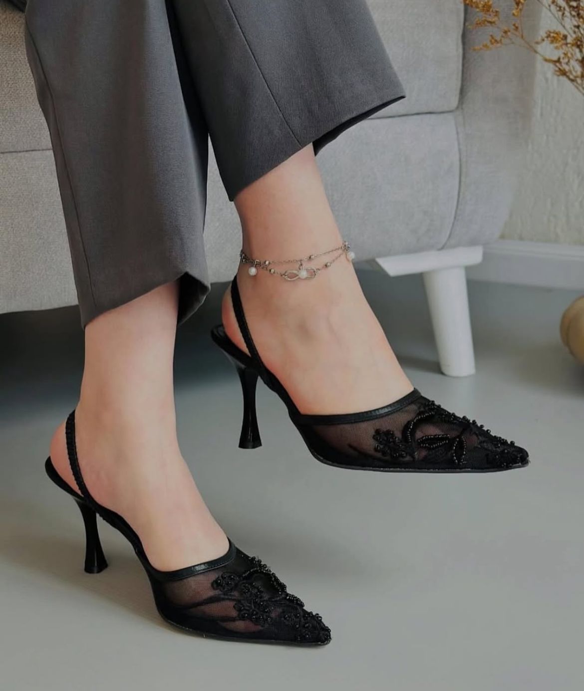 ZARA MESH FLORAL EMBROIDERED SLINGBACK HEEL