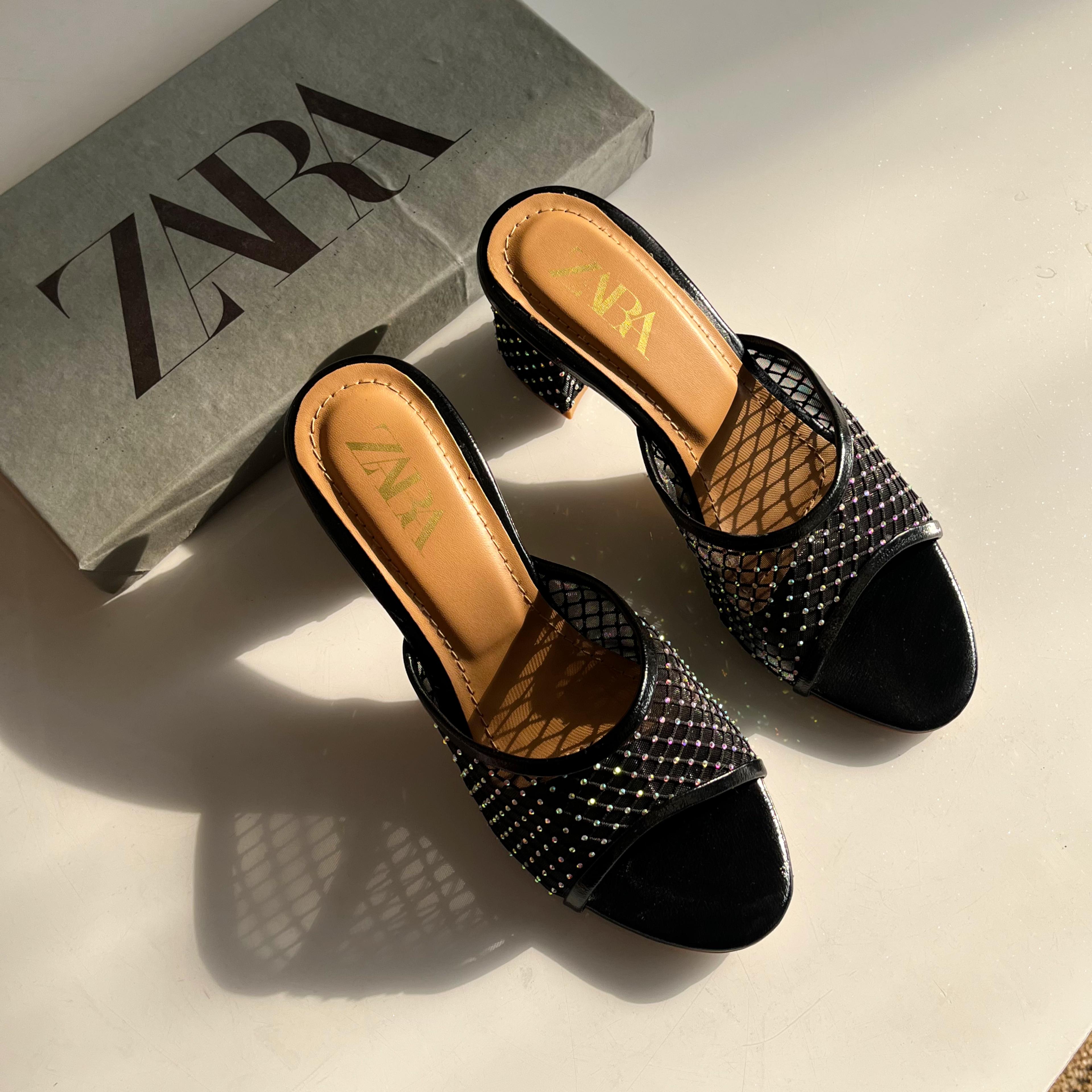 ZARA Mesh Crystal Block Heels - Embellished Quilted Mules