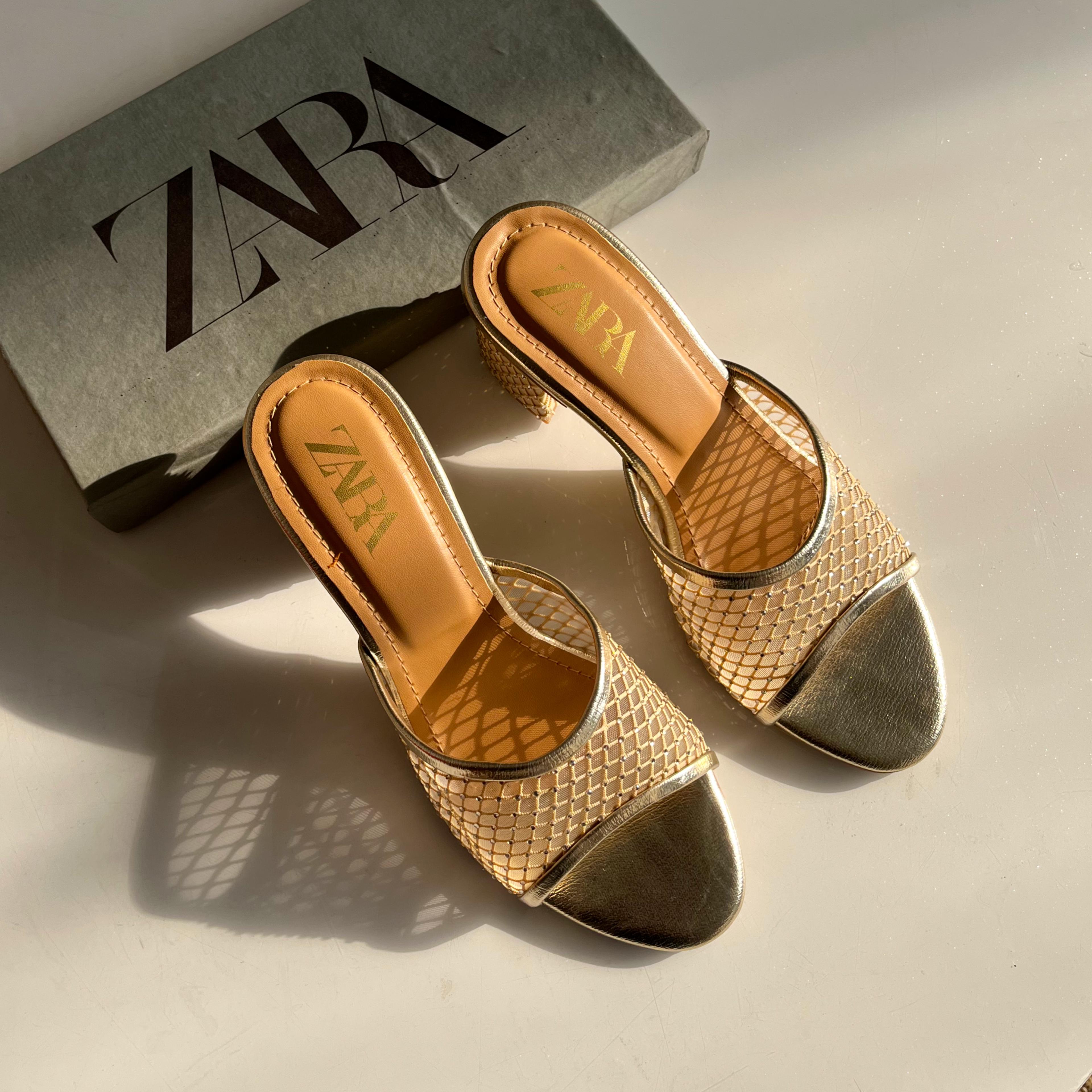 ZARA Mesh Crystal Block Heels - Embellished Quilted Mules