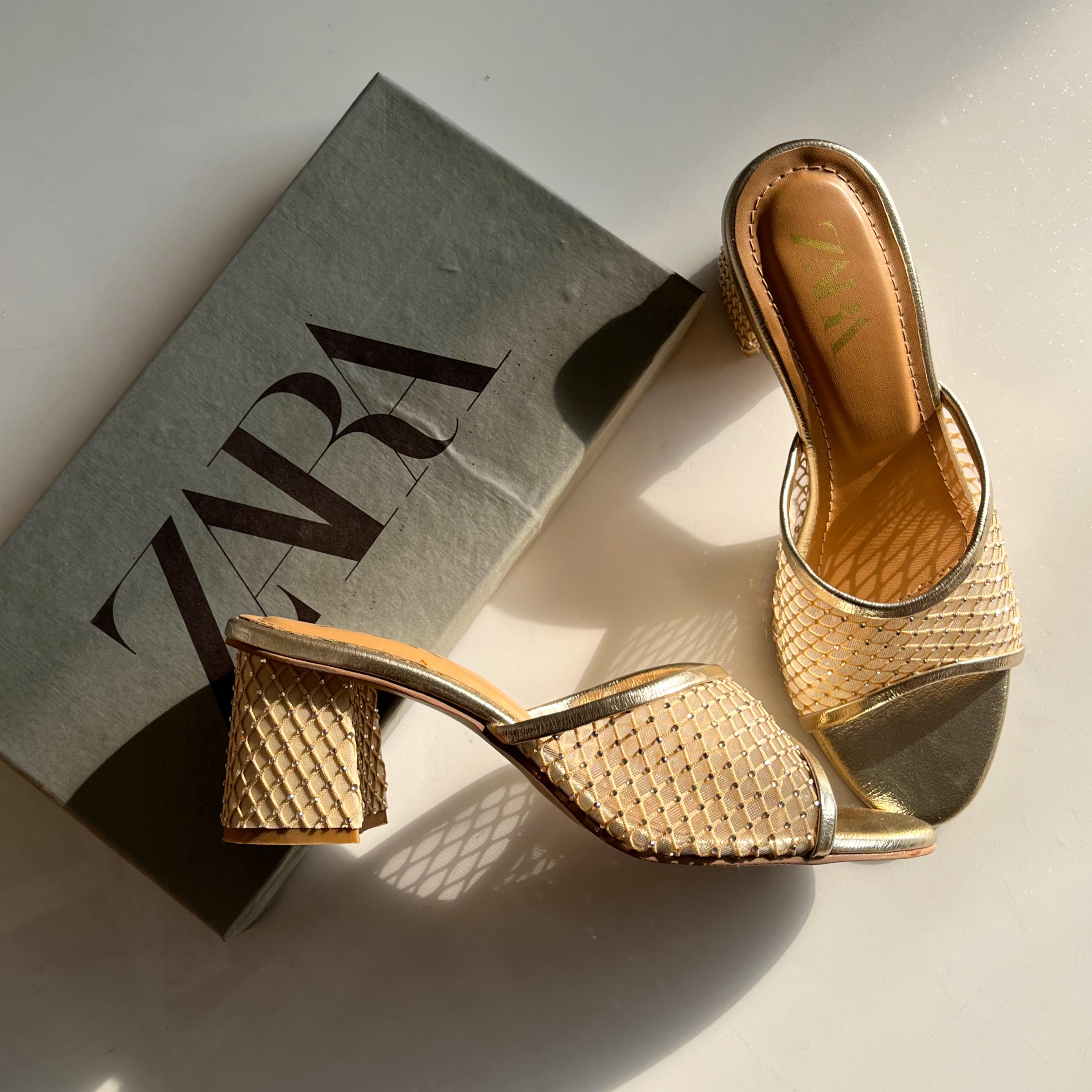 ZARA Mesh Crystal Block Heels - Embellished Quilted Mules