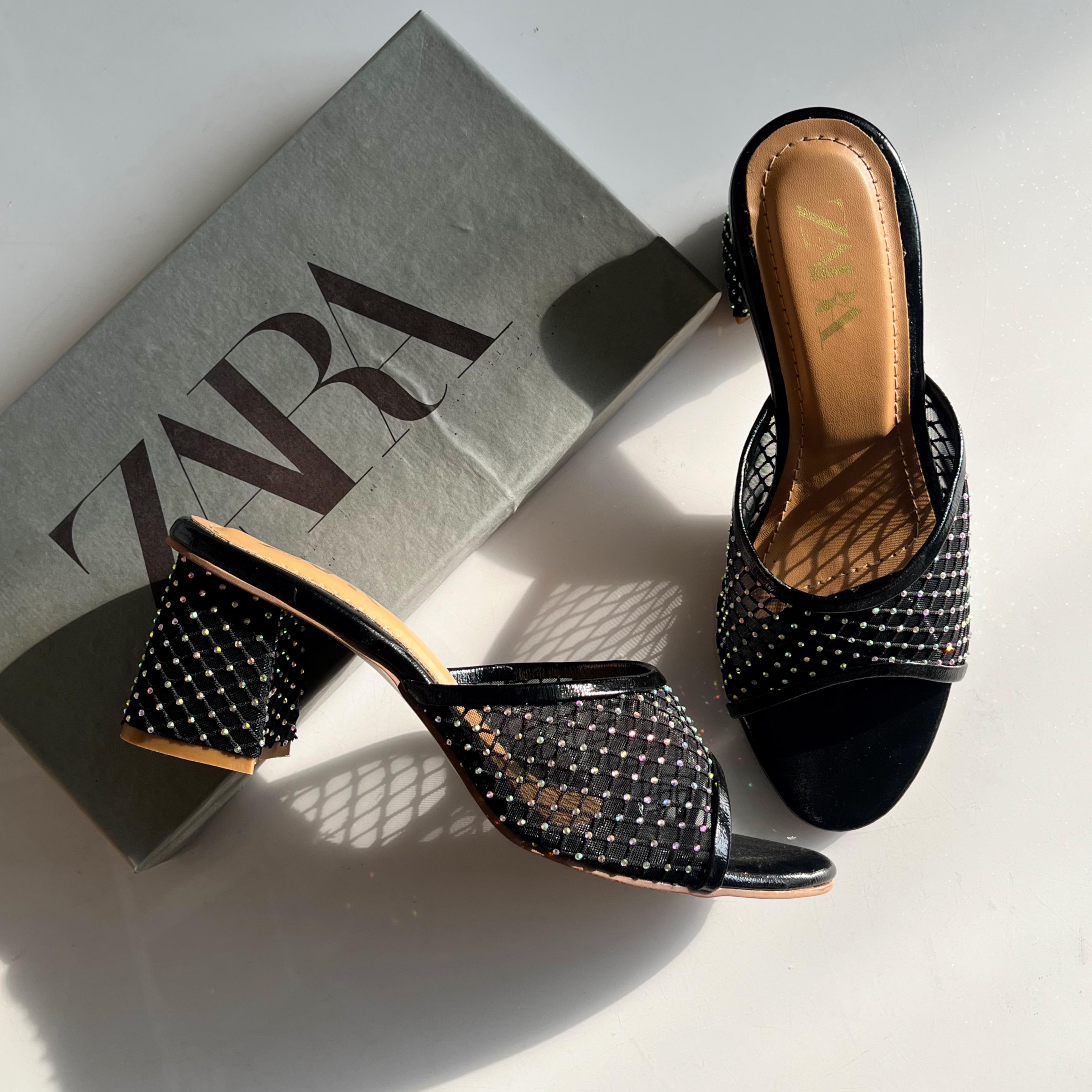 ZARA Mesh Crystal Block Heels - Embellished Quilted Mules