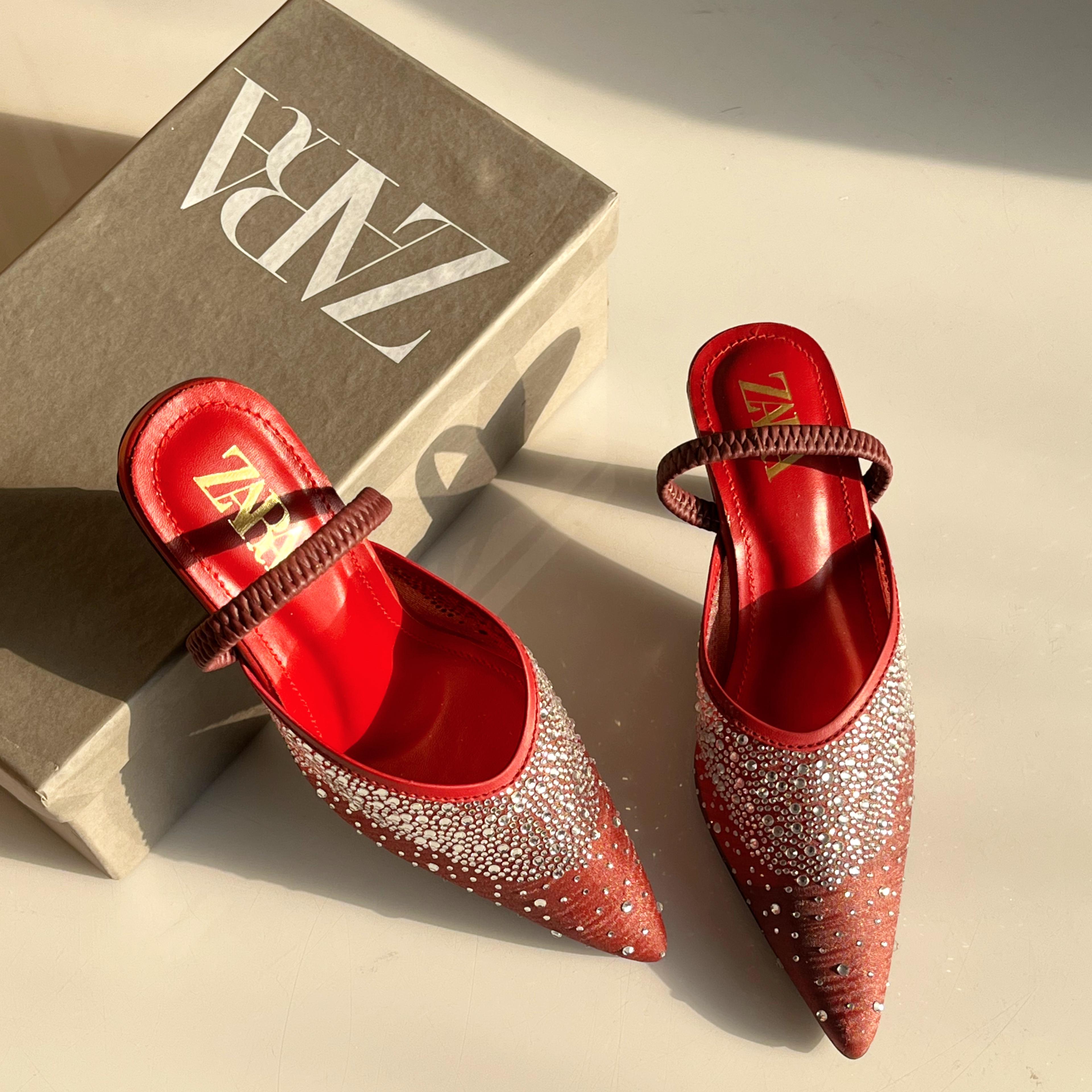 ZARA Crystal Embellished Pointed Heels - Rhinestone Slingback Mules