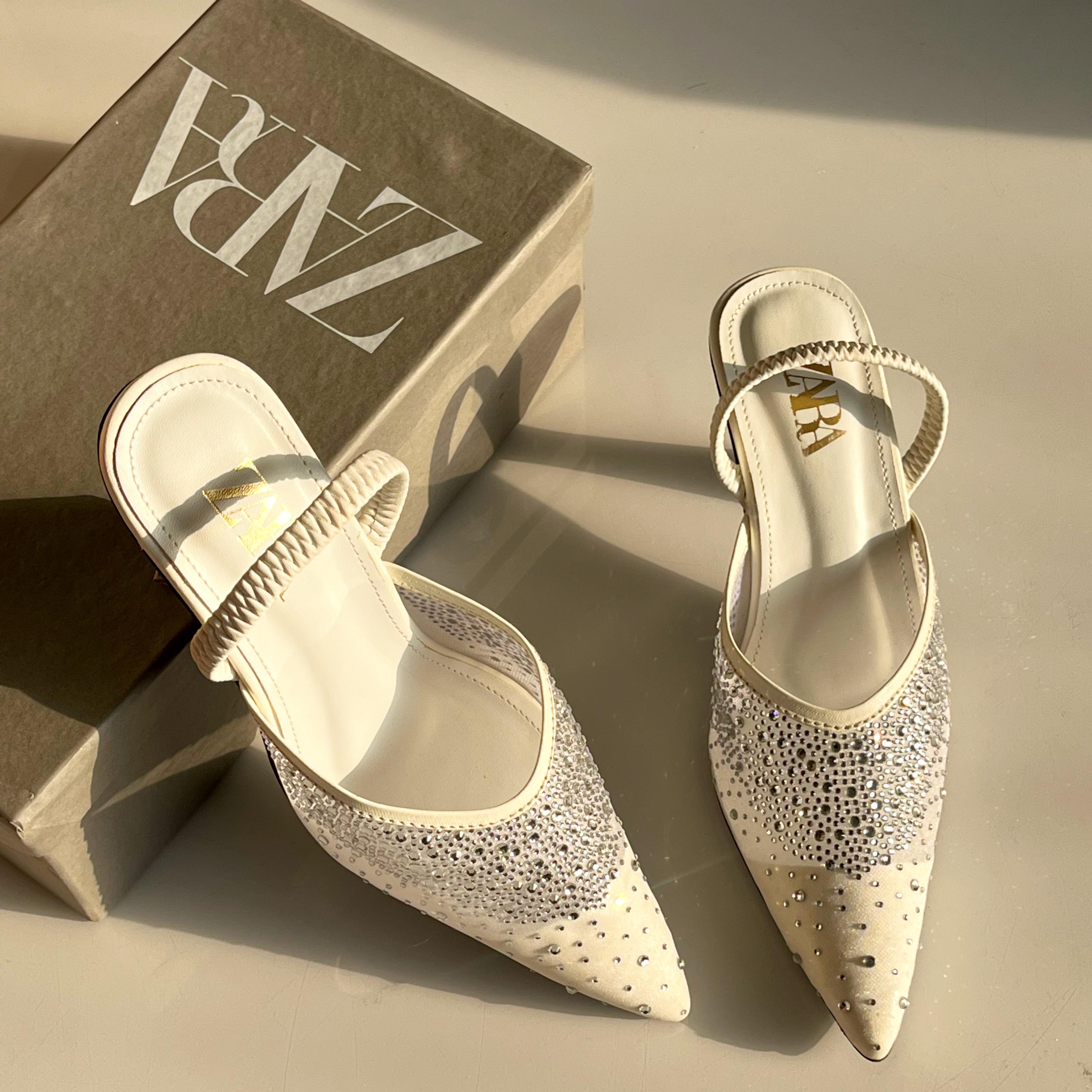 ZARA Crystal Embellished Pointed Heels - Rhinestone Slingback Mules