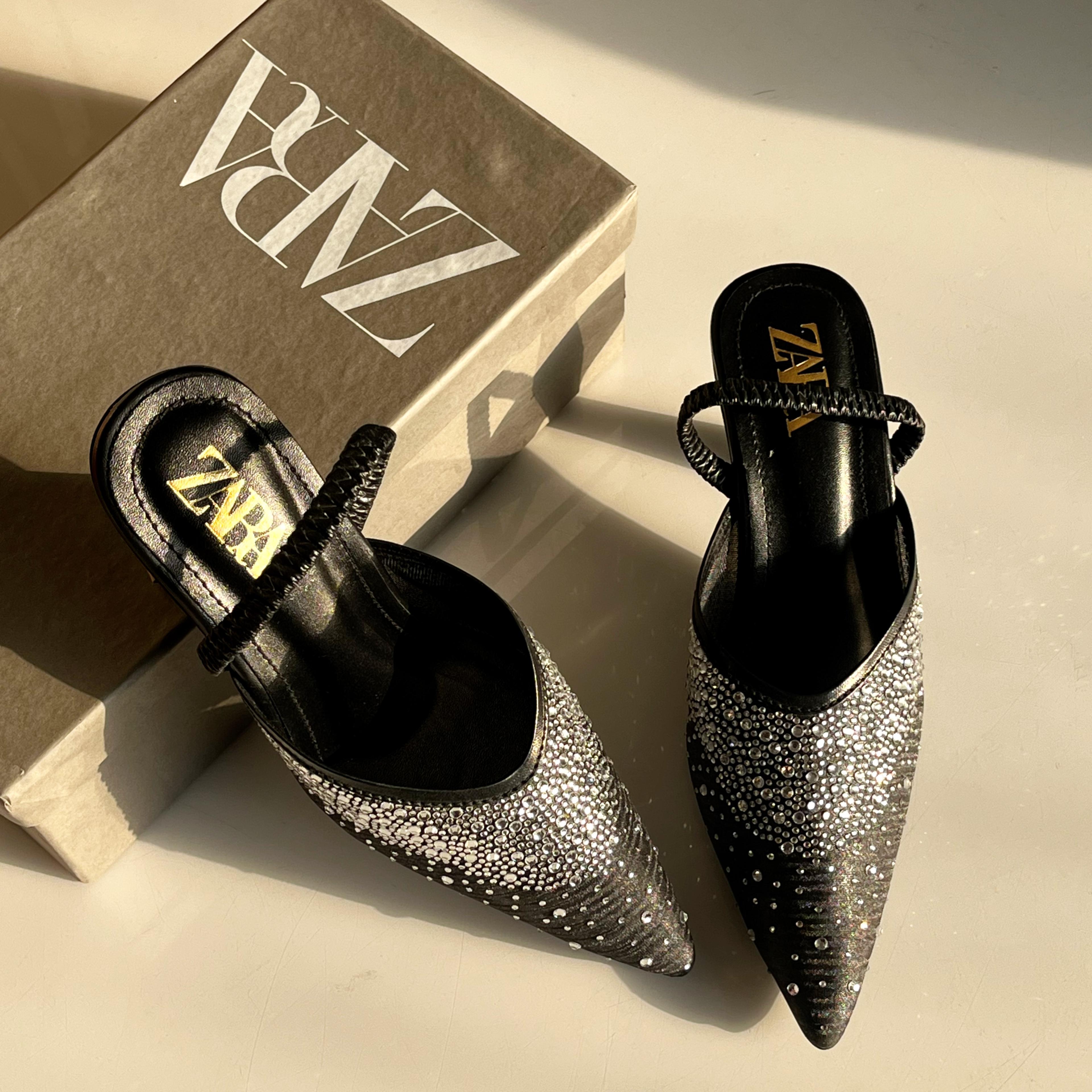 ZARA Crystal Embellished Pointed Heels - Rhinestone Slingback Mules