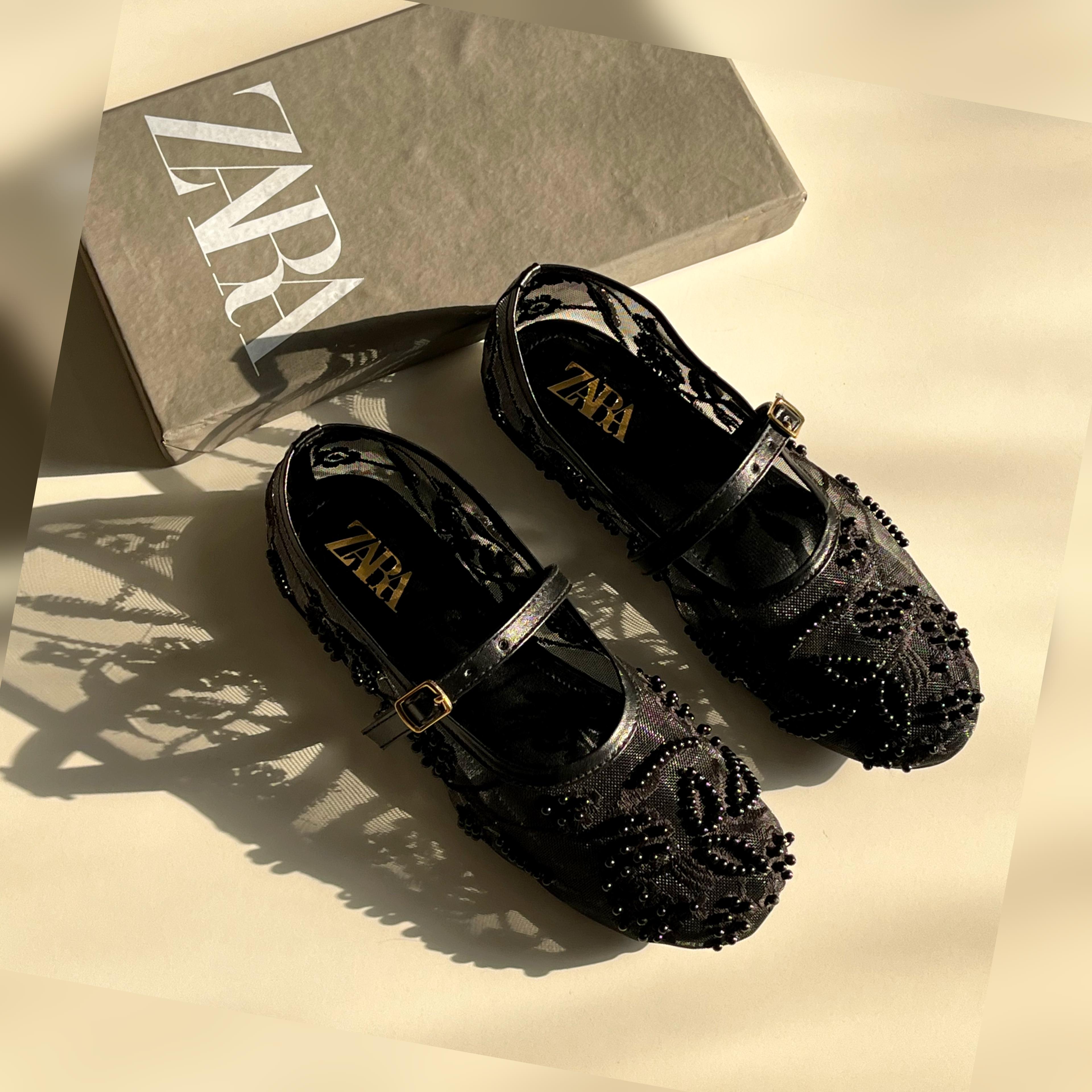 ZARA Net Pearl Embroidered Flat Shoes - Mary Jane Ballet Flats