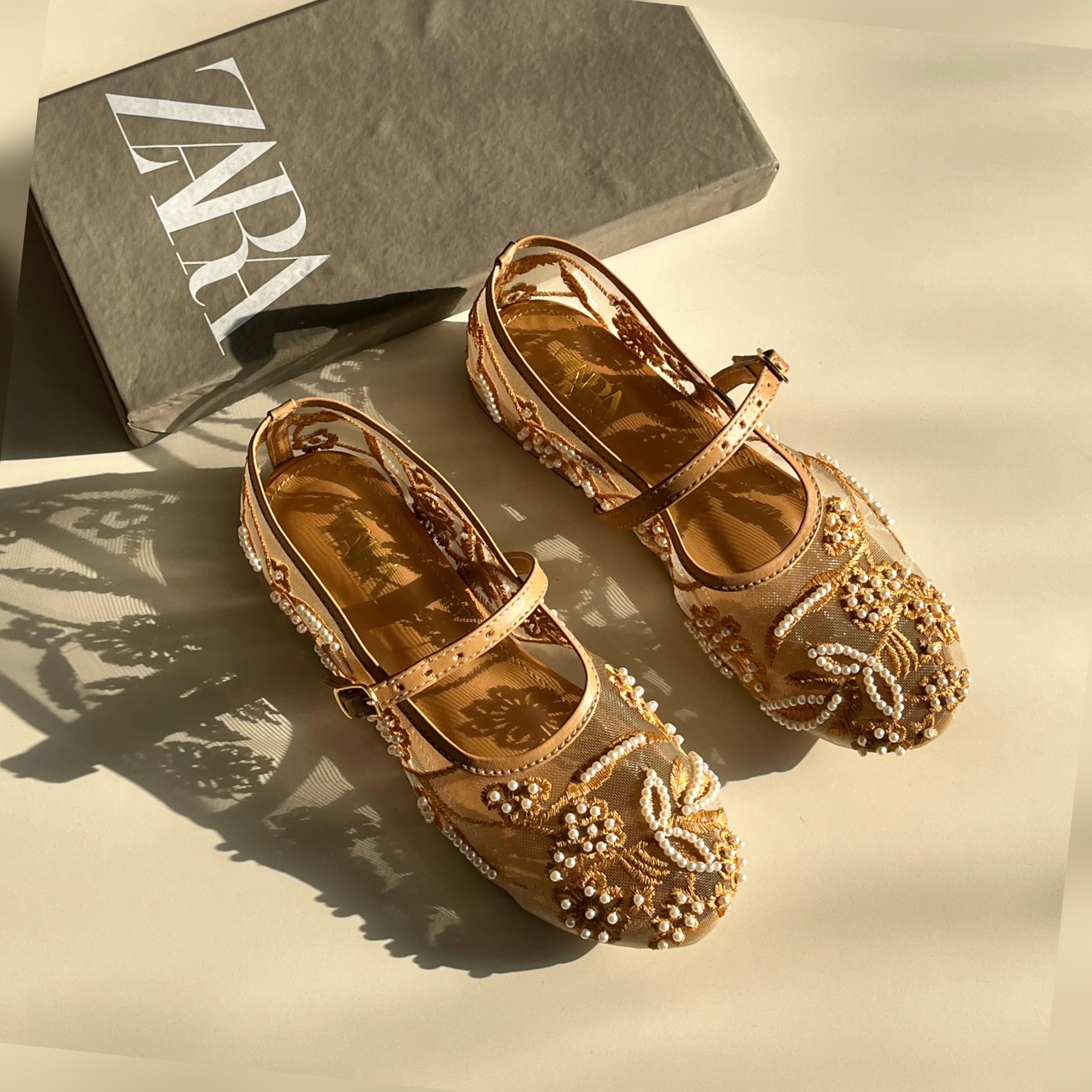 ZARA Net Pearl Embroidered Flat Shoes - Mary Jane Ballet Flats