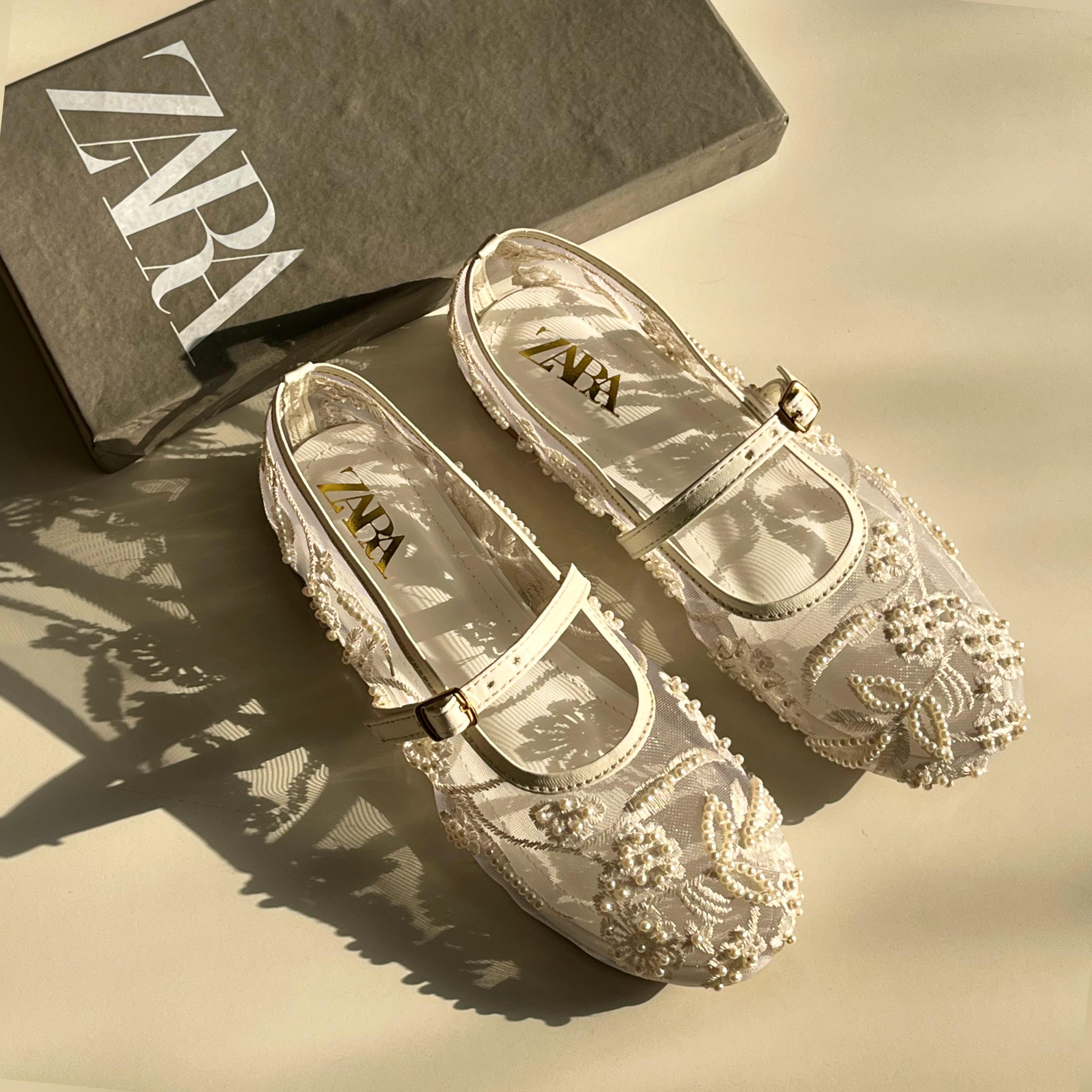 ZARA Net Pearl Embroidered Flat Shoes - Mary Jane Ballet Flats
