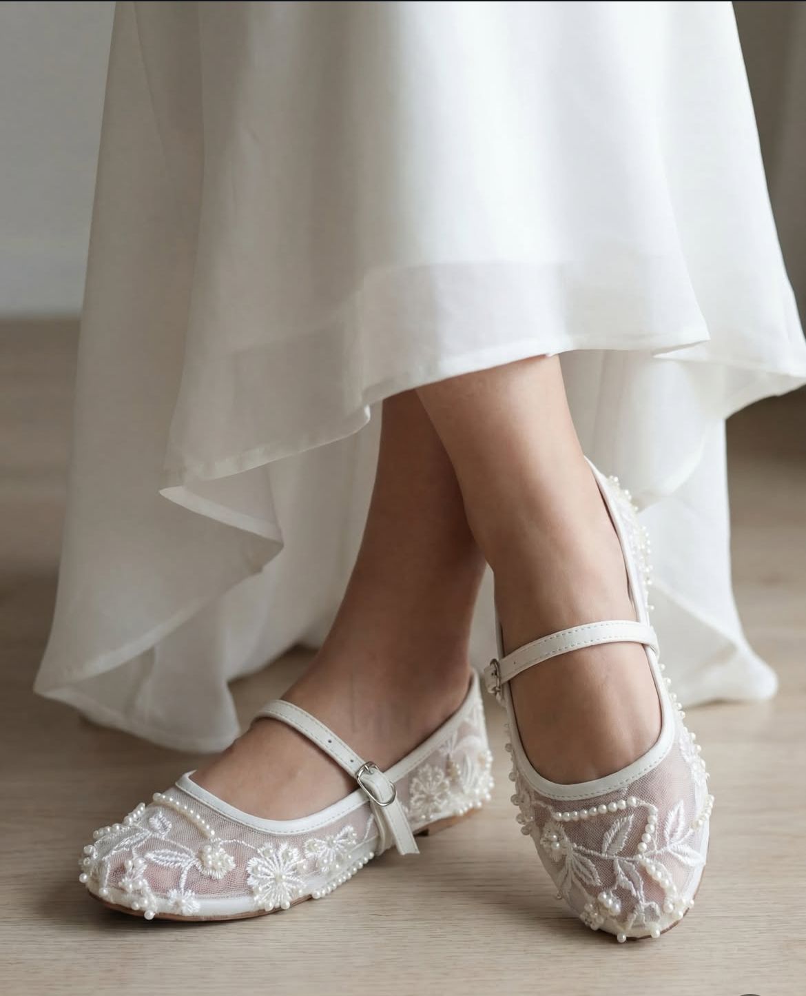 ZARA Net Pearl Embroidered Flat Shoes - Mary Jane Ballet Flats