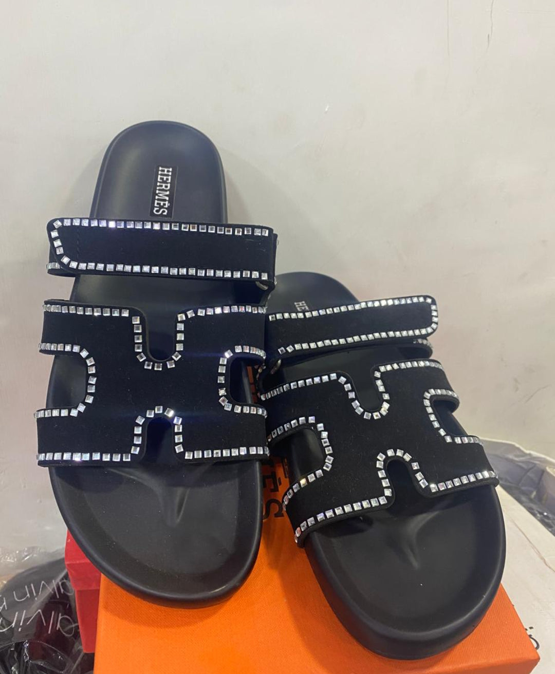 HERMES Sparkle Chypre Satin Stone Flats